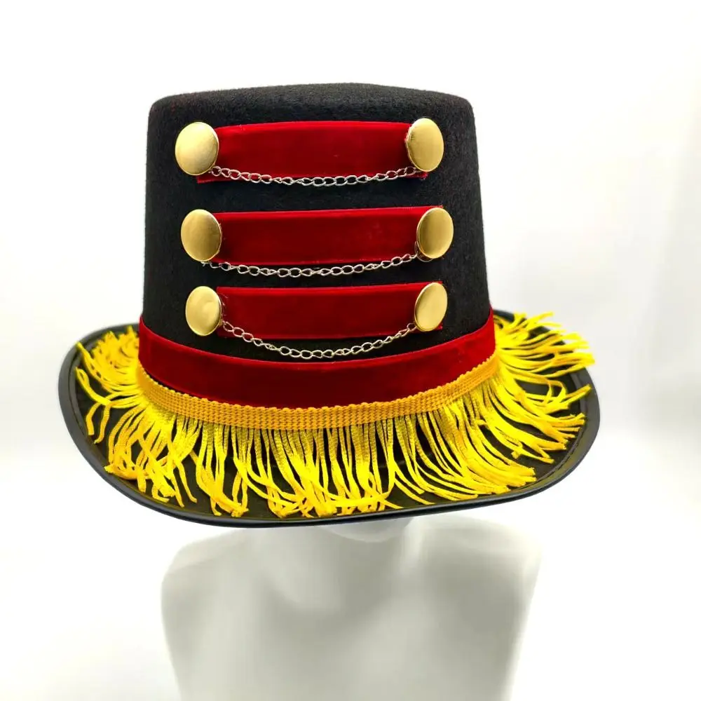 Tasseled Design Vintage Fascinator Hats Gold Fringe Red Black Color Black Circus Hat Gold Chains Gold Buttons Ringmaster Top Hat - view 5