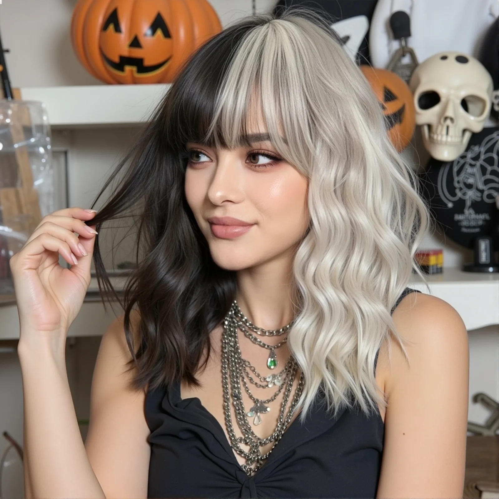 هالوين قصيرة مجعد بوب بيروكات صناعية لونين أبيض وأسود موجة شعر مستعار اصطناعي مع الانفجارات للنساء تأثيري جزء #1