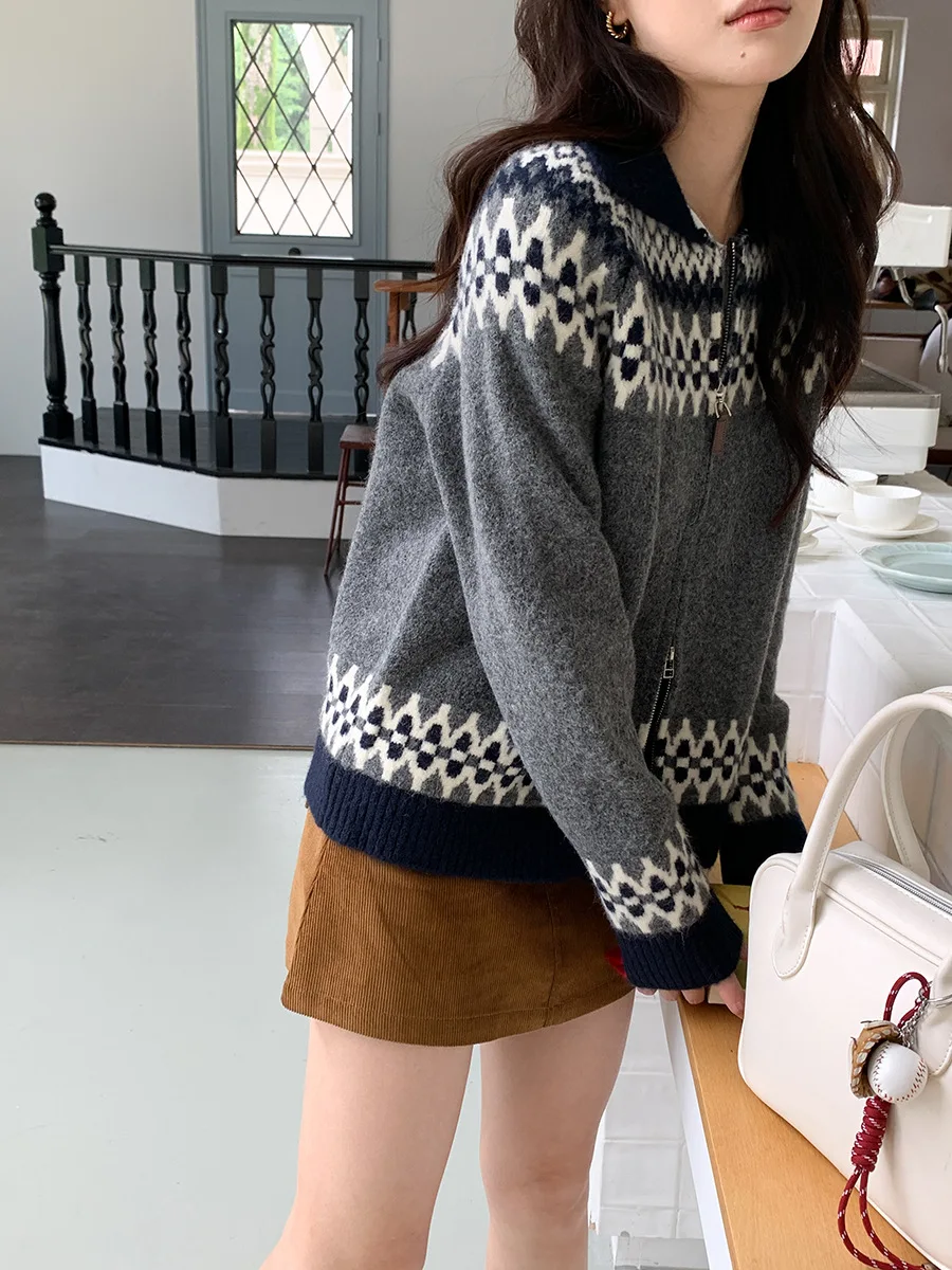 Sweter Ritsleting Ganda Jacquard Pulau Fel Vintage Baru Awal Musim Gugur