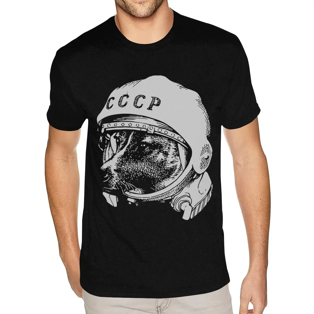 رخيصة مخصصة CCCP لايكا تي شيرت الرجال الجرافيك مخصص قصيرة الأكمام الترا القطن الأسود طاقم الرقبة تي شيرت