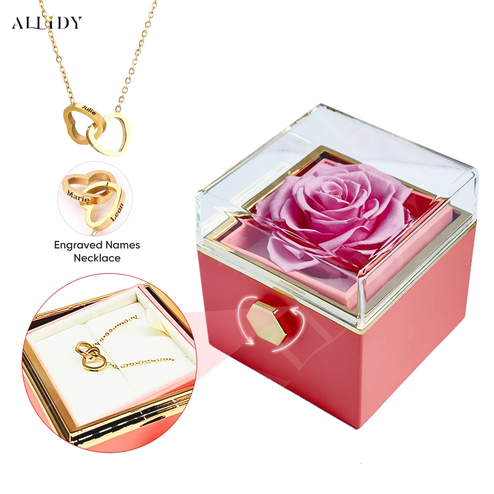 

Custom Double Heart engraved Name Steel Necklace Eternal Rose box for Women Creative Surprise Confession Proposal Gifts