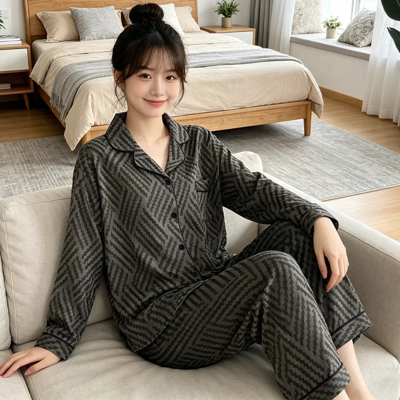 

Korean High-End Printed Pajamas Women's Lapel Cardigan Long Sleeved Ladies Striped Sleepwear Homewear Comfortable and Breathable