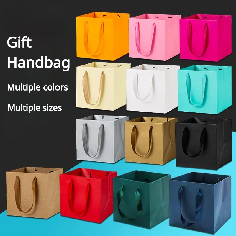 Square Kraft Paper Handbag Colour Multi Size Film Covering Waterproof Strong Bearing Thick Portable Bag Gift Flower Packing Bags