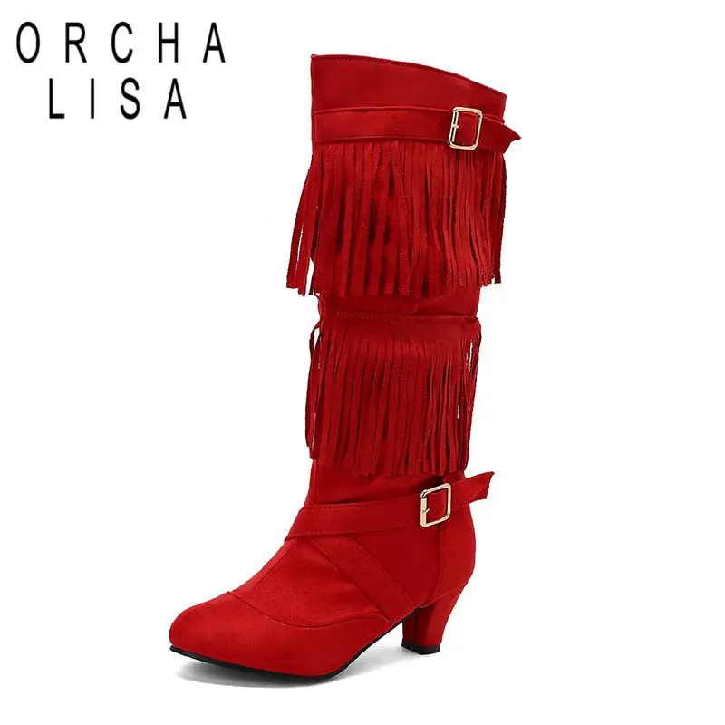 

ORCHA LISA 2025 Модные женские сапоги до колена с острым носком на маленьком каблуке 5,5 см без шнуровки с кисточками и пряжками на ремне 43 44 45 Свадебные бота