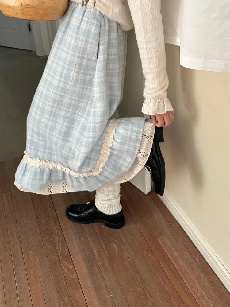 Korobov Autumn Winter Y2k Skirts Blue Plaid Woolen Vintage Plaid Lace Splicing Skirt High Waist Slimming A Word Long Skirt