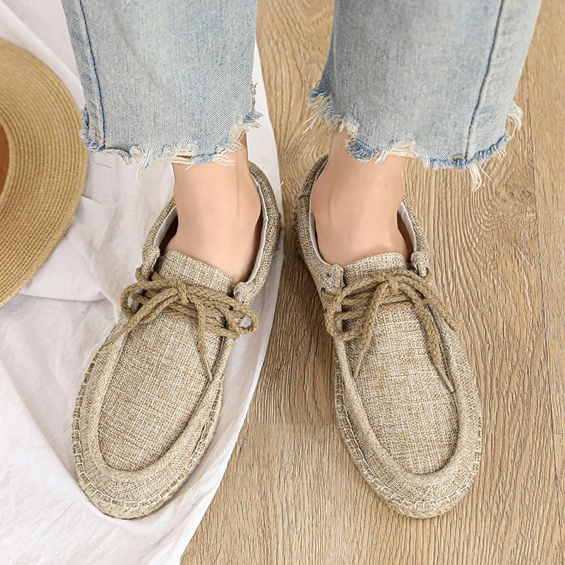 The Latest Oversized Linen Canvas Shoes, Flat Bottomed Casual Driving Shoes,2024 men\'s Versatile Lace Up Lightweight Flat Shoes