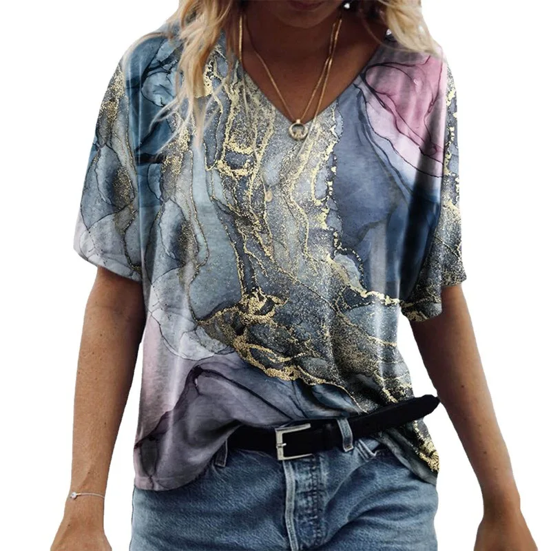 

Nice Women's Clothing 2025 T-Shirts Tops New European And American Women's V-neck Short Sleeve Printed T-shirt In Marble Style T