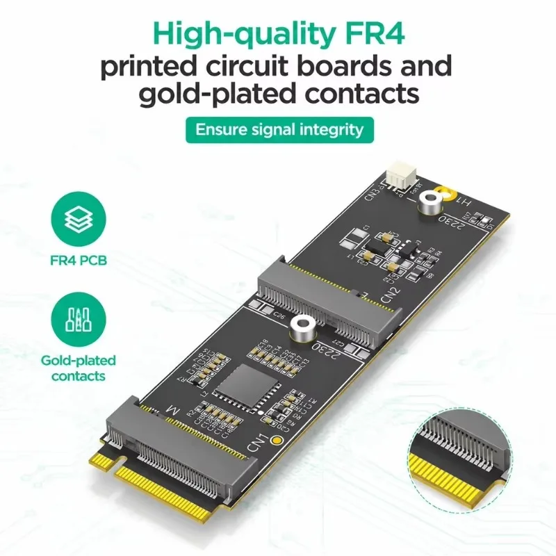 M.2 (Key-M) NVMe To Dual M.2 Adapter Card PCIe Bus Compatible Adds WiFi/Bluetooth & Extra NVMe Slot To M.2 NVMe Port