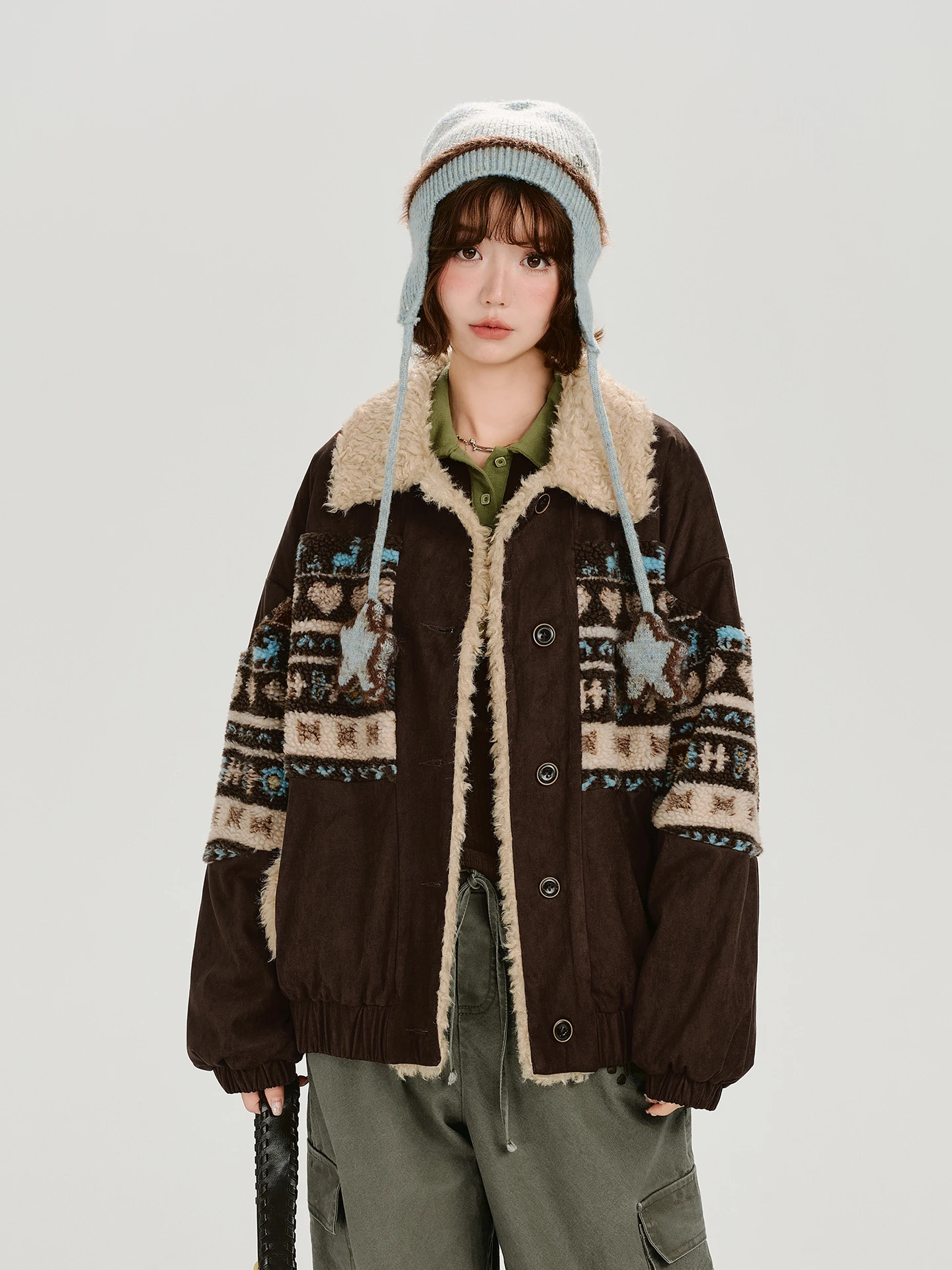 

Женская зимняя куртка в американском ретро-стиле с цветными вставками и воротником, новая модель, на флисовой подкладке, теплая, свободного кроя, повседневная, с длинными рукавами