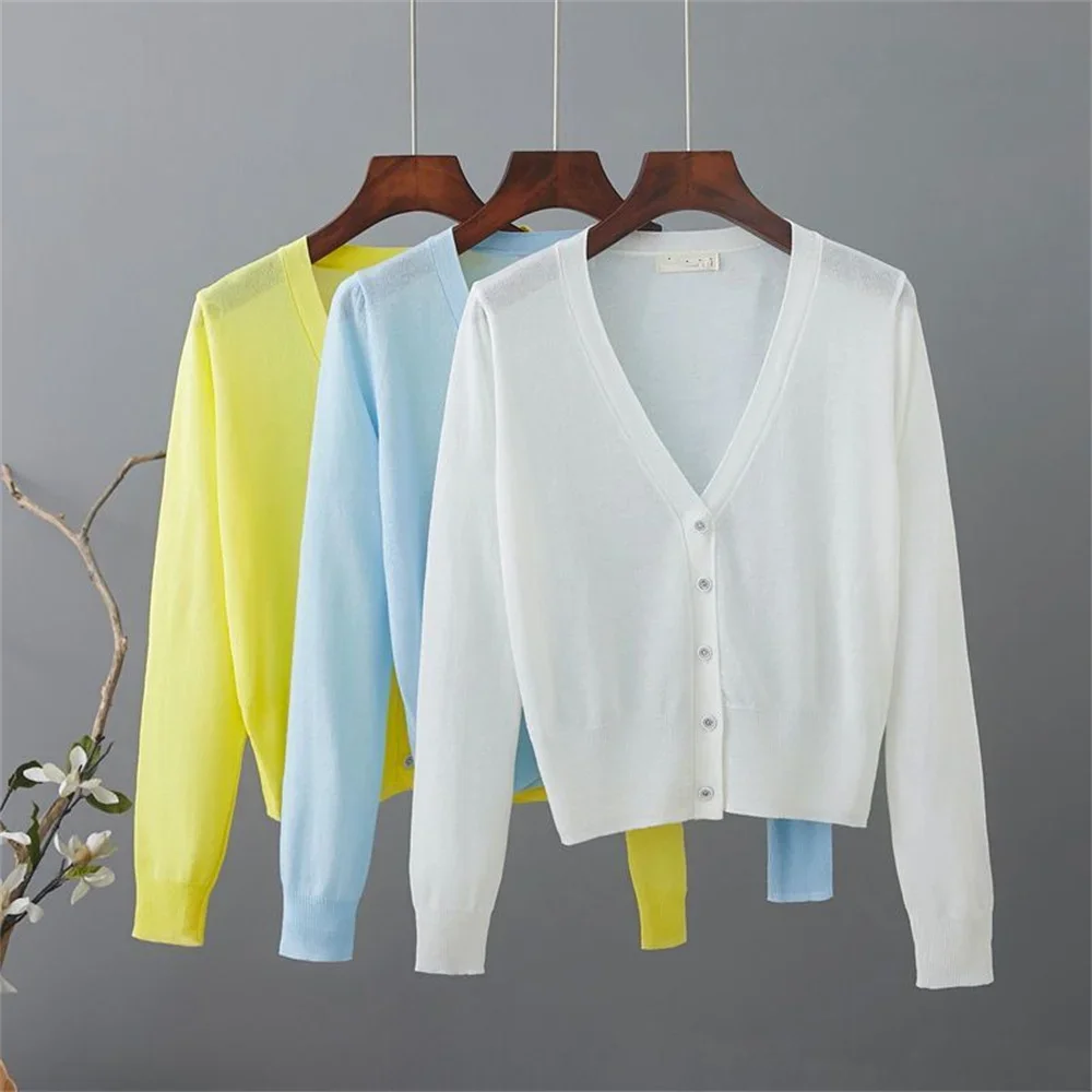 

2025 Summer Fashion Korean Leisure Sweater All Match Elegant Thin Simple Fashion Slim Soft Stretchy Knitted Solid Cardigan Women