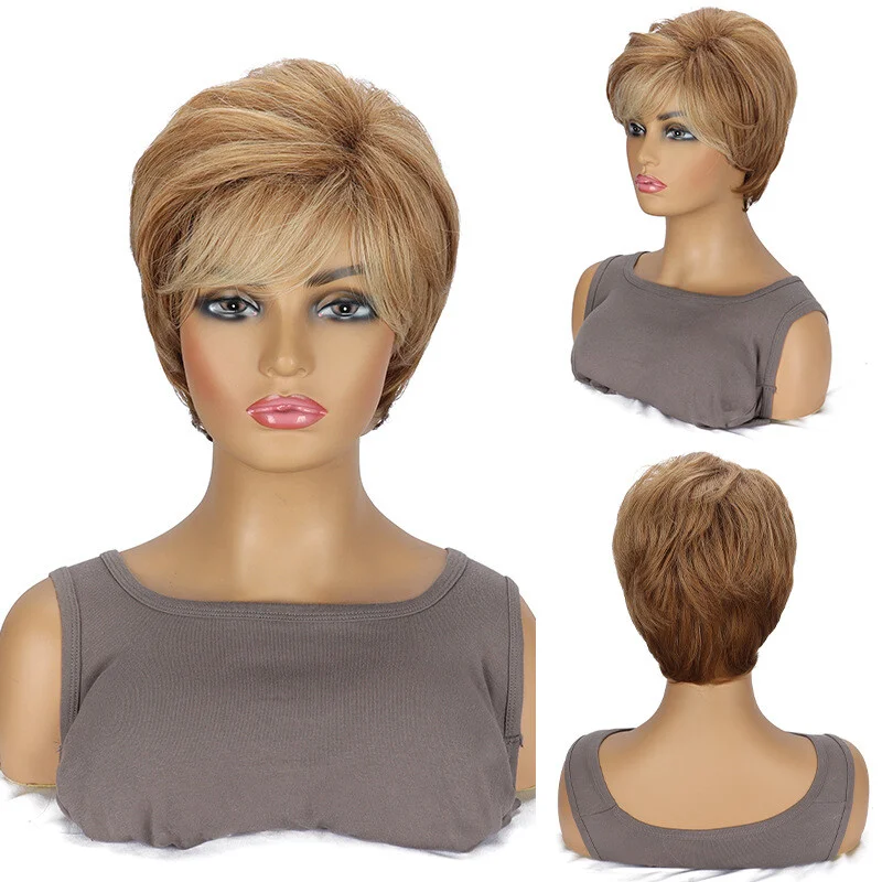 

Women's Curly Wig Dark Golden Brown Short Synthetic Ladies Hair Wig+Wig Cap