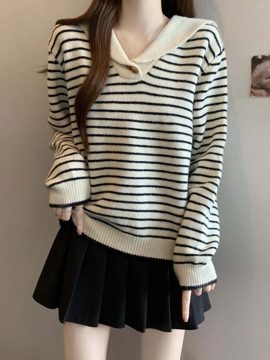 

Korean Sle Striped Knit Sweater Naval Collar Women's plus Size Lazy Sle Top oulder Width Regular V-ne Long Sve