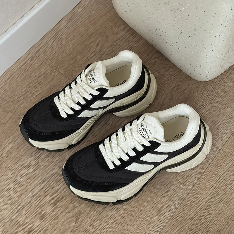 BEAUTODAY Chunky Sneakers Women Suede Fabric Round Toe Lace-up Patchwork Outdoor Trainers Ladies Sports Shoes Handmade RU29488