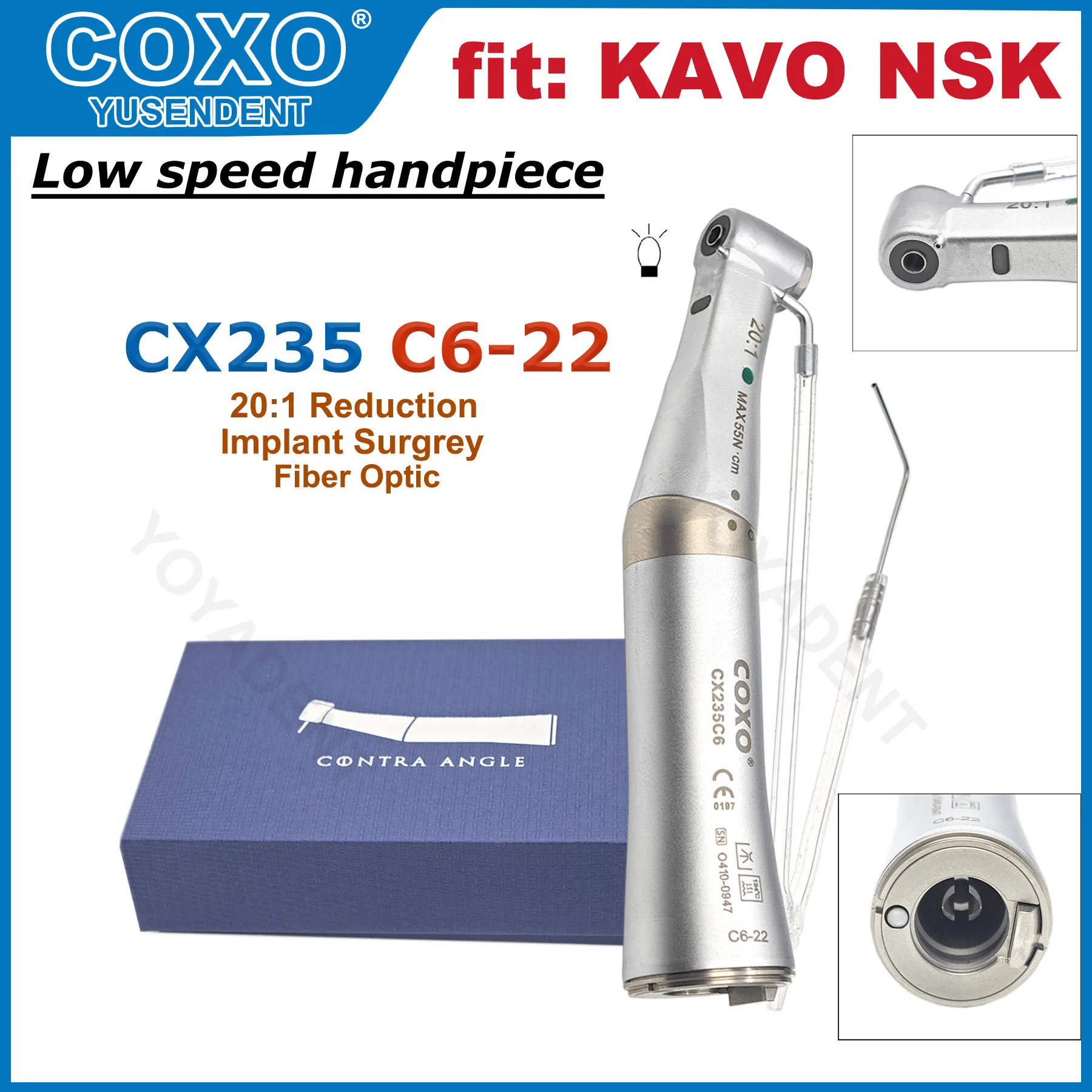 COXO CX235 C6-22 Dental Implant Handpiece 20:1 Reduction Fiber Optic Low Speed Handpiece E Type Fit KAVO NSK Implant Surgery