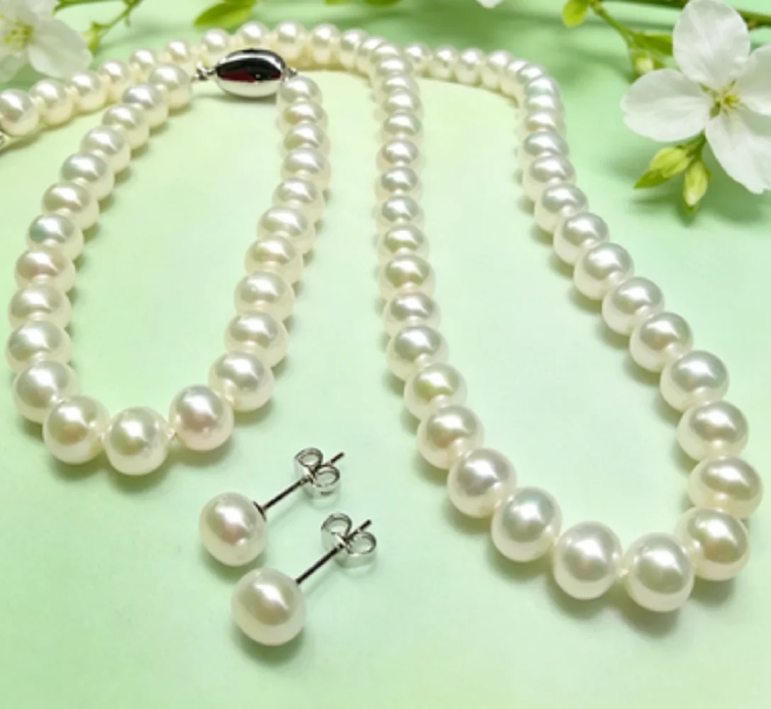 Wunderschöne Halskette AAAA 7-8mm/8-9mm natürliche weiße Perlenkette 18 Zoll + Armband 7,5-8 Zoll Ohrringe 925er Set