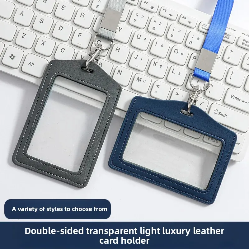 Double-Sided Transparent Genuine Leather Lanyard Work ID Card Holder Customizable Logo Neutral Minimalist Style Business Card Ca