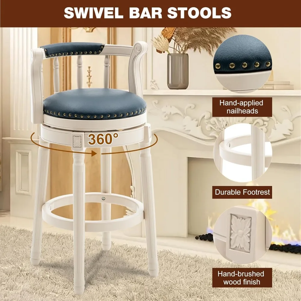 Bancos de bar giratórios modernos com estofamento de couro genuíno e apoio para os pés para balcão de cozinha e ilha