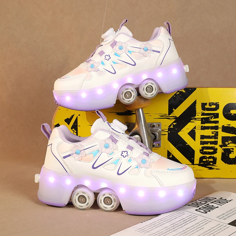 Youth New Roller Shoes Retractable High Quality Semi Professional LED Lights Boys Girls With 4 Wheels Deformation Skate Shoes