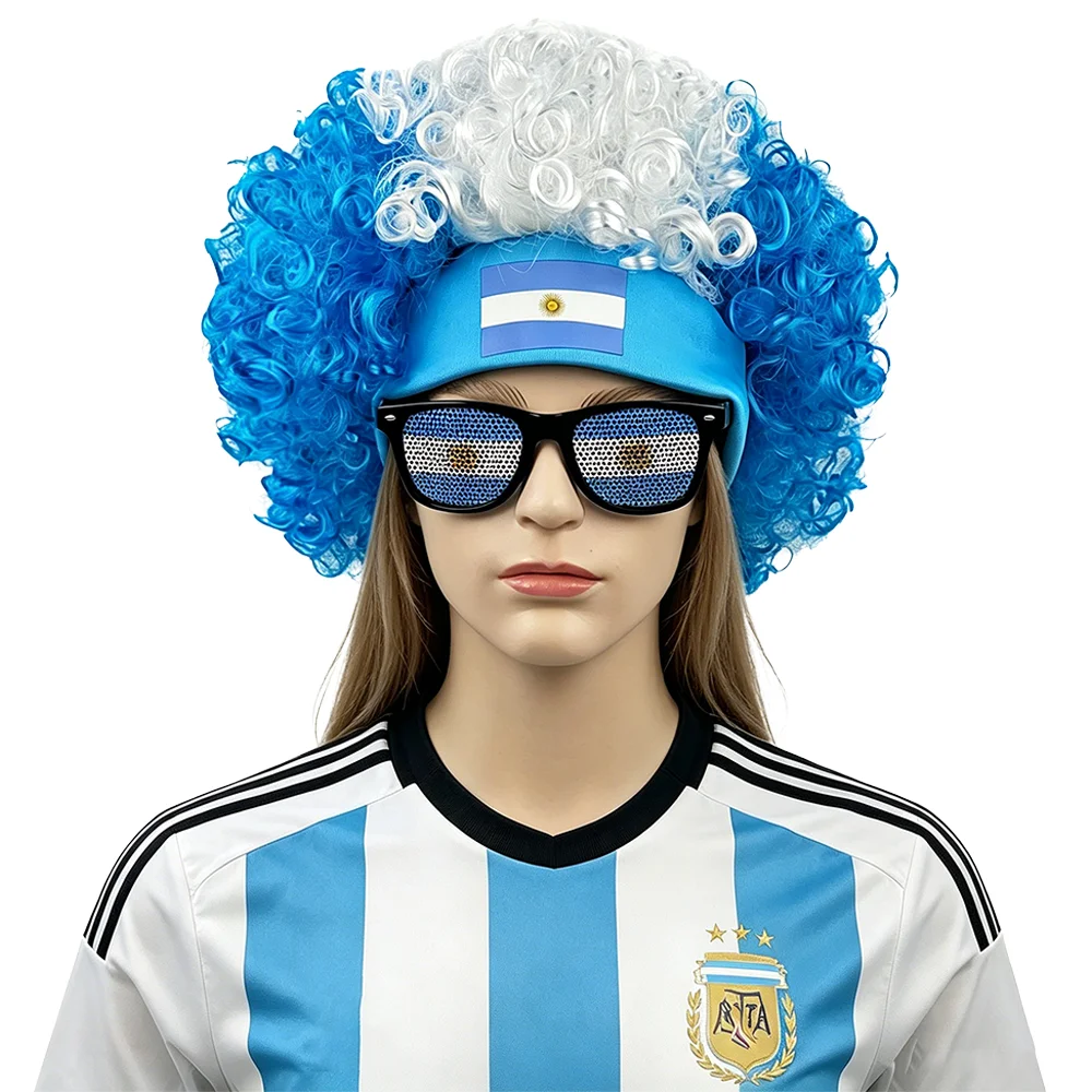 

2Pcs Argentine Soccer Fan Wig Kit - Elastic Headband Afro Wig + Unisex Mesh Sunglasses For Football Match