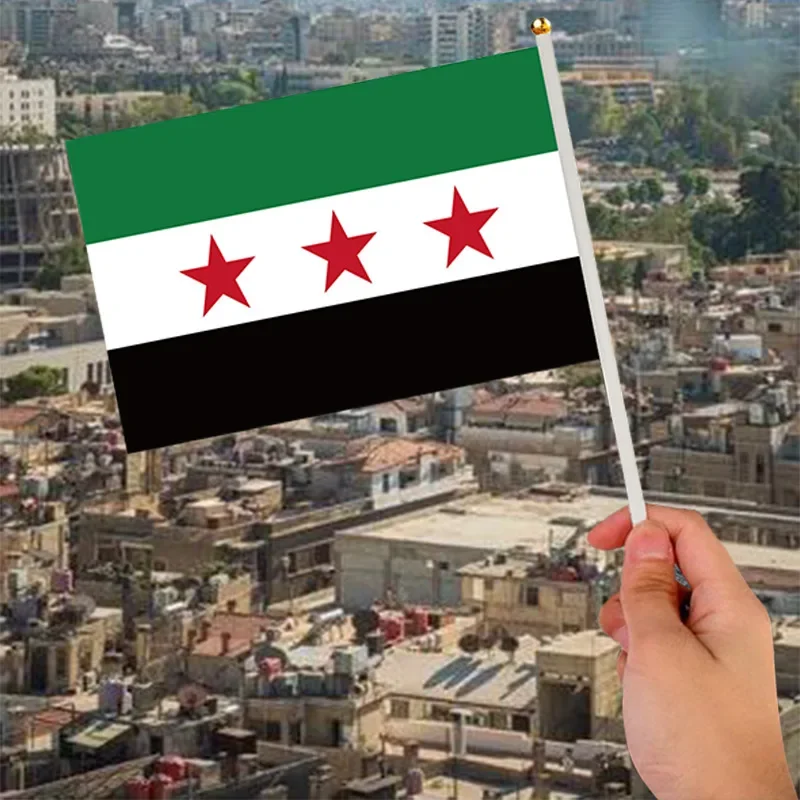 Syrian Hand Cranked Flag, 14x21cm Polyester Hand-Held Flag, Mini Decorative Small Flag