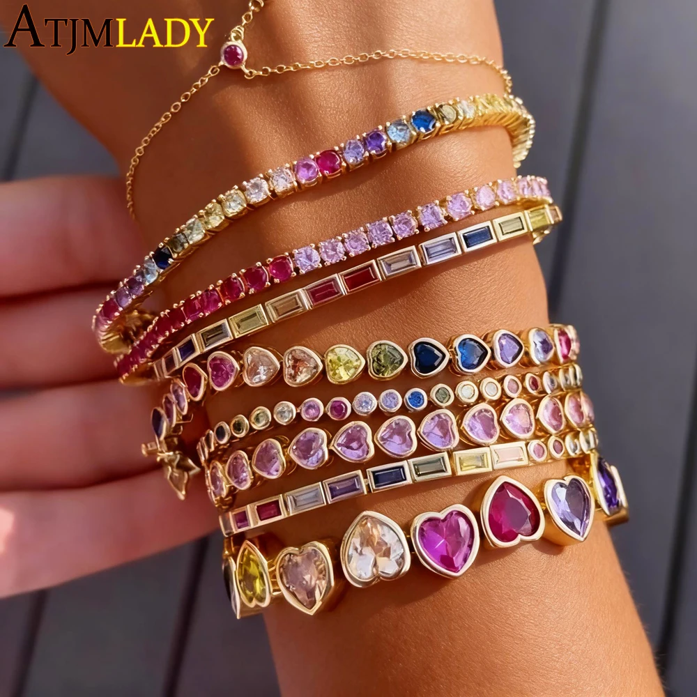 Pulsera de cadena de tenis con circonita cúbica en forma de corazón con bisel, Color dorado, rojo, rosa, morado, Zirconia cúbica, joyería de arcoíris colorida Gradual a la moda
