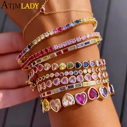 Bezel Heart Shaped CZ Tennis Chain Bracelet Gold Color Red Pink Purple Cubic Zirconia Fashoin Gradual Colorful Rainbow Jewelry