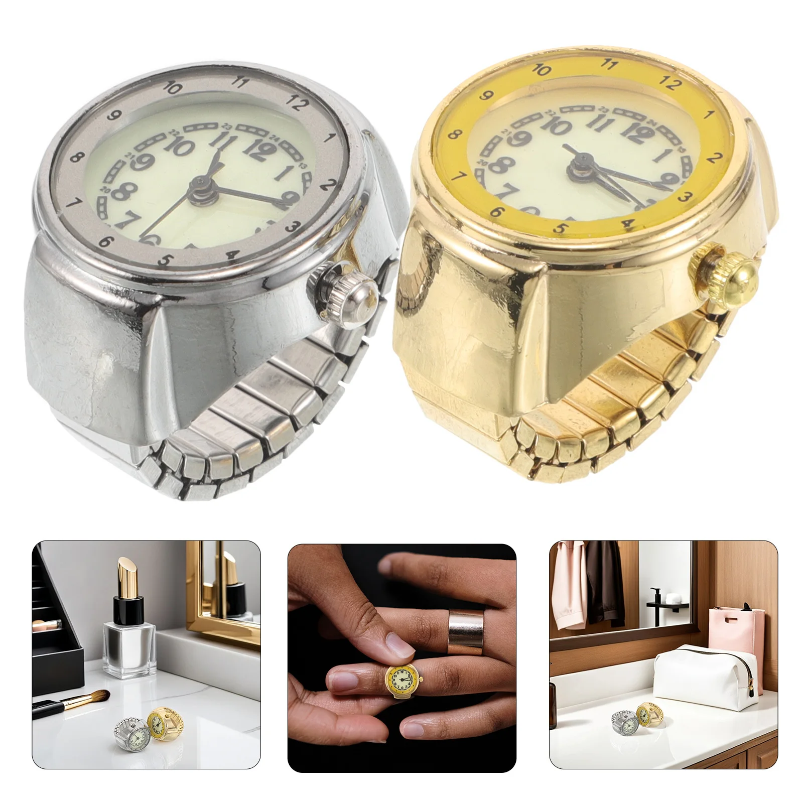 

2Pcs Night Luminous Finger Watch Mini Ring Watch Retro Quartz Analog Adjustable Stretch Band Unisex Finger Jewelry