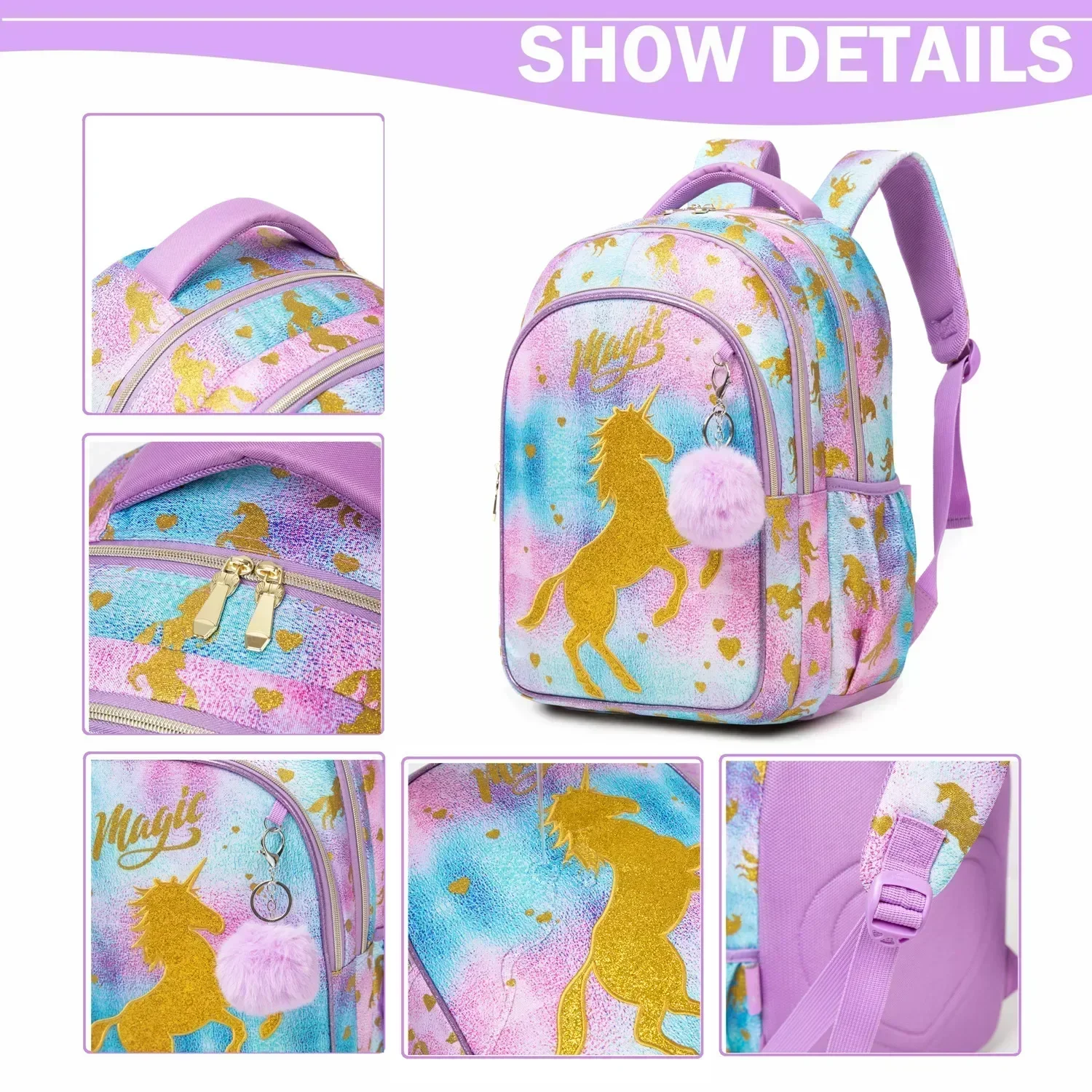 School Backpack for Girls Unicorn Bookbag with Lunch Box for Elementary Students Waterproof School Bags Kawaii Shoulder Bag