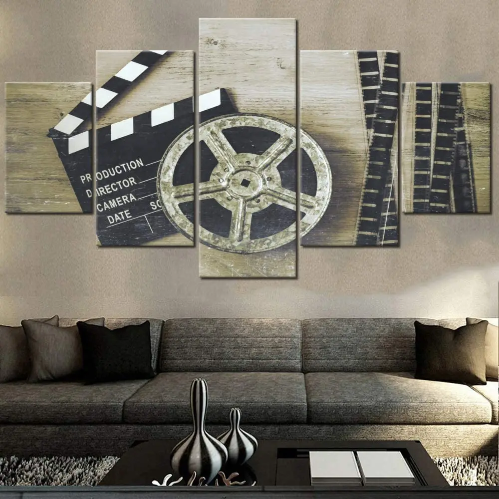 No Framed Canvas 5Pieces Movie Theater Black and White Metal Film Reel Wall Print Art Posters Pictures Home Decor Room Paintings