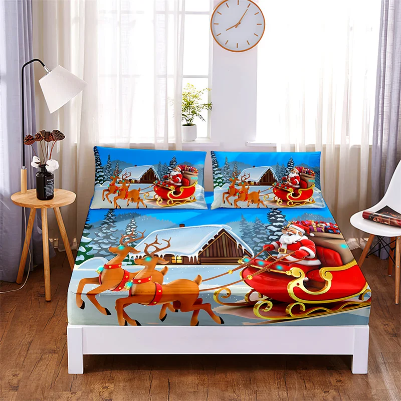 Santa Claus Beddengoed Sets Hoeslaken Kerstcadeaus Matras Bedekken Vier Hoeken Met Elastische Band Bed Cover Set Lakens