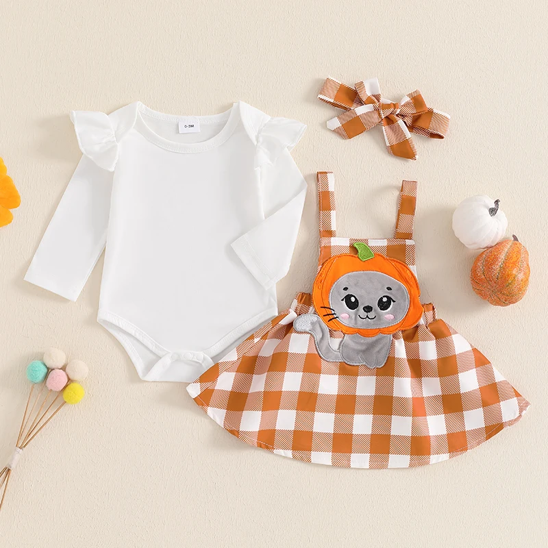 Baby Girl Halloween Outfits Ruffle Long Sleeve Romper Lion Patch Suspender Skirt Plaid Headband Newborn Clothes Set