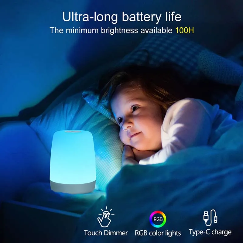 Portátil inteligente LED Night Light para crianças, lâmpada regulável, toque colorido, USB recarregável, configuração de 3 temporizadores, bebê dormindo, 2000mAh