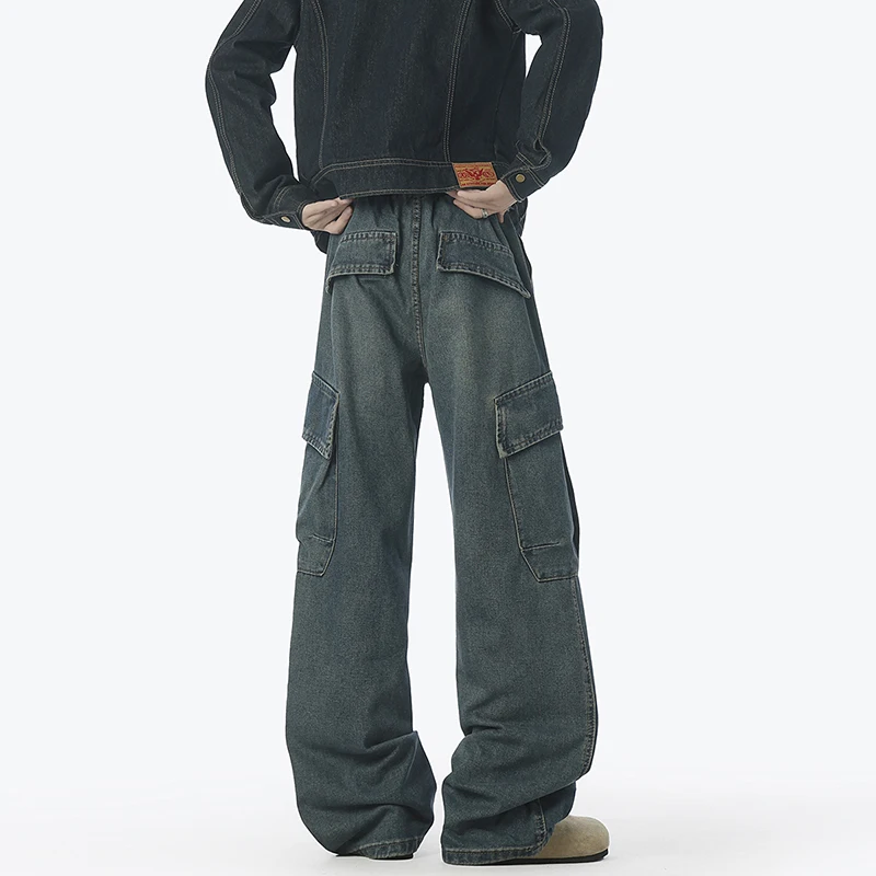 جديد ربيع خريف 2026 سراويل جينز زرقاء مغسولة للرجال سراويل واسعة الساق غير رسمية فضفاضة تناسب ملابس الشارع الشهير مع جيوب #4