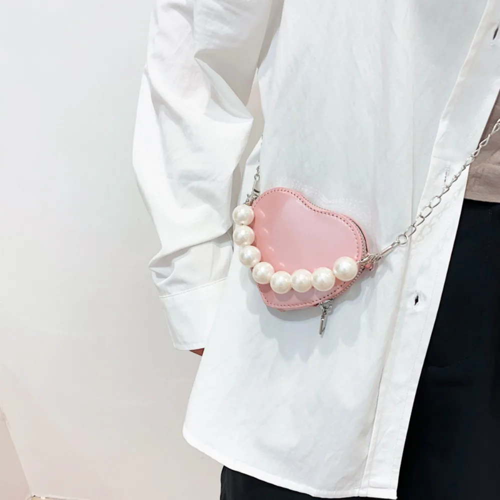 

Pearl Handle Shoulder Bags Portable Heart Shape Design Chain Strap Crossbody Bags Solid Color Chain Bag Ladies