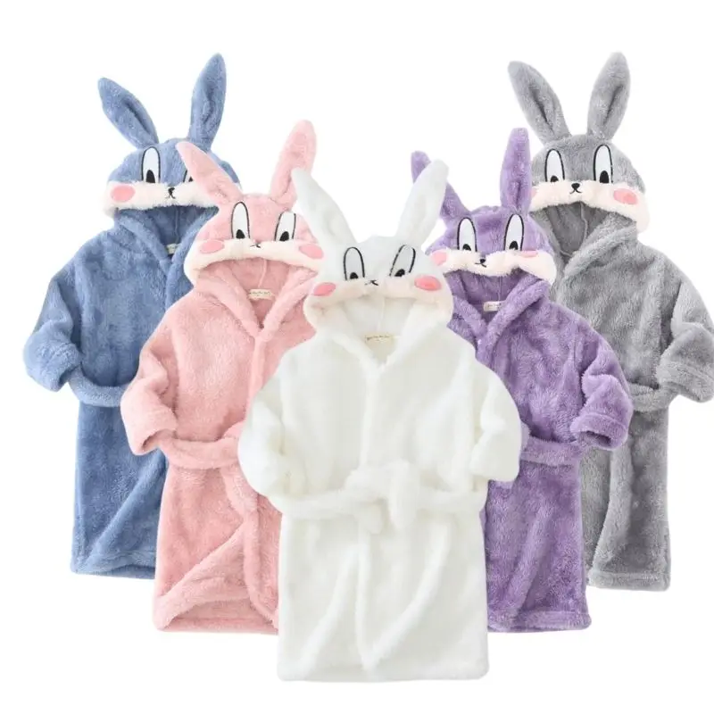 Winter Boys Girls Pajamas Baby Flannel Robes Child Sleepwear Bathrobe Robes Cartoon Rabbit Ears Hooded Bathrobe Kids Homewear