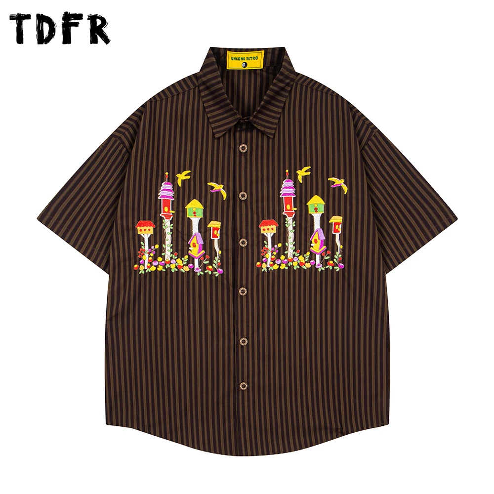 

Retro Striped Short Sleeve Shirts Mens Cartoon Embroidery Summer Casual Loose Lapel Single Breasted Curved Hem Cotton Shirts Man