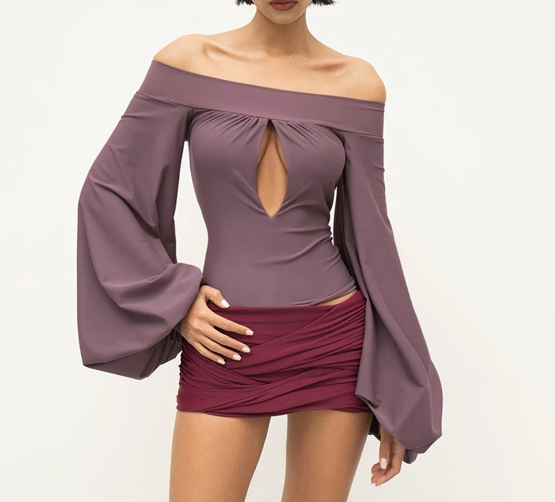 

2025 Women Summer Solid Color Off Shoulder Lantern Sleeve Hollow Out T Shirt