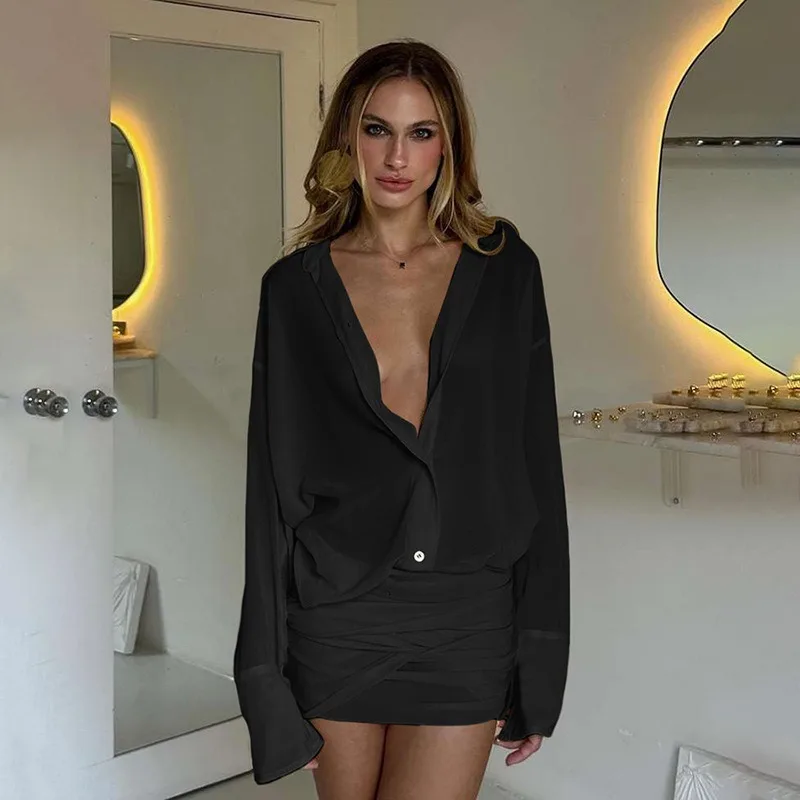 Dress Blouse Women's Autumn/Winter Lapel Cardigan Slim-fit Tie-front Seductive Bodycon Comfortable Minimalist Fashionable Niche