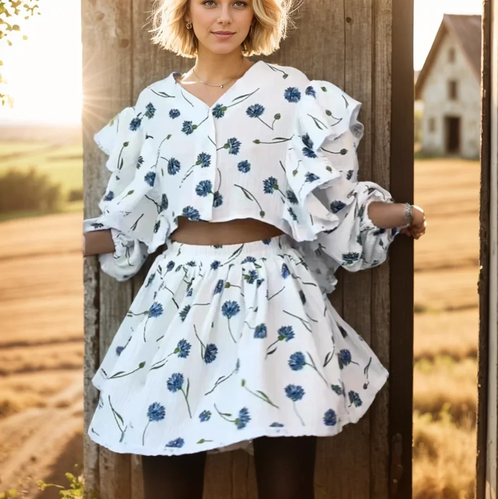 

Комплект из хлопка и льна из двух предметов. Женские летние топы с v-образным вырезом и мини-юбкой. Женские повседневные милые комплекты платьев.