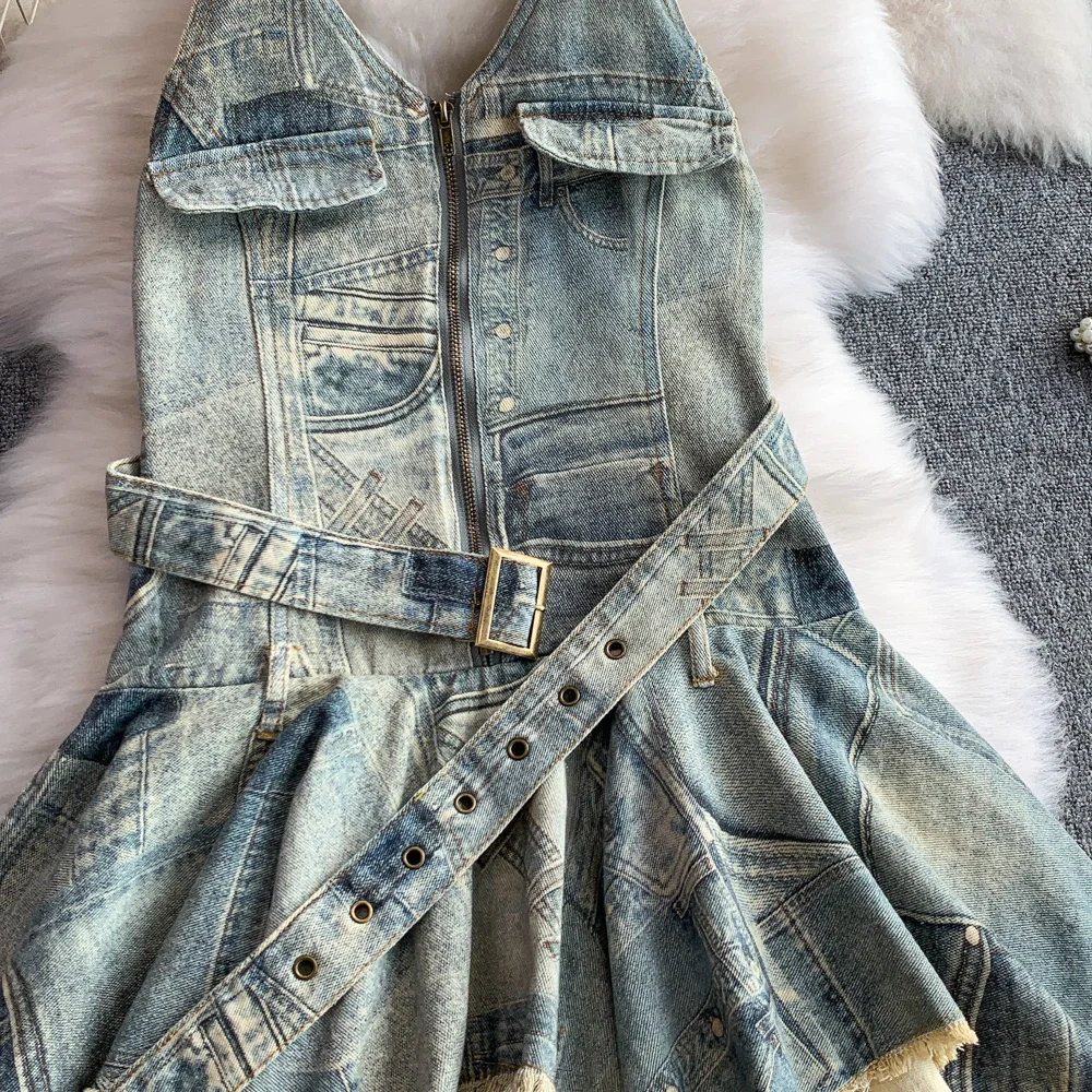 Abito corto estivo in denim vintage per donna Taglio a onde blu Streetwear Casual Mini abiti per uscire Chic 2025 Nuovo