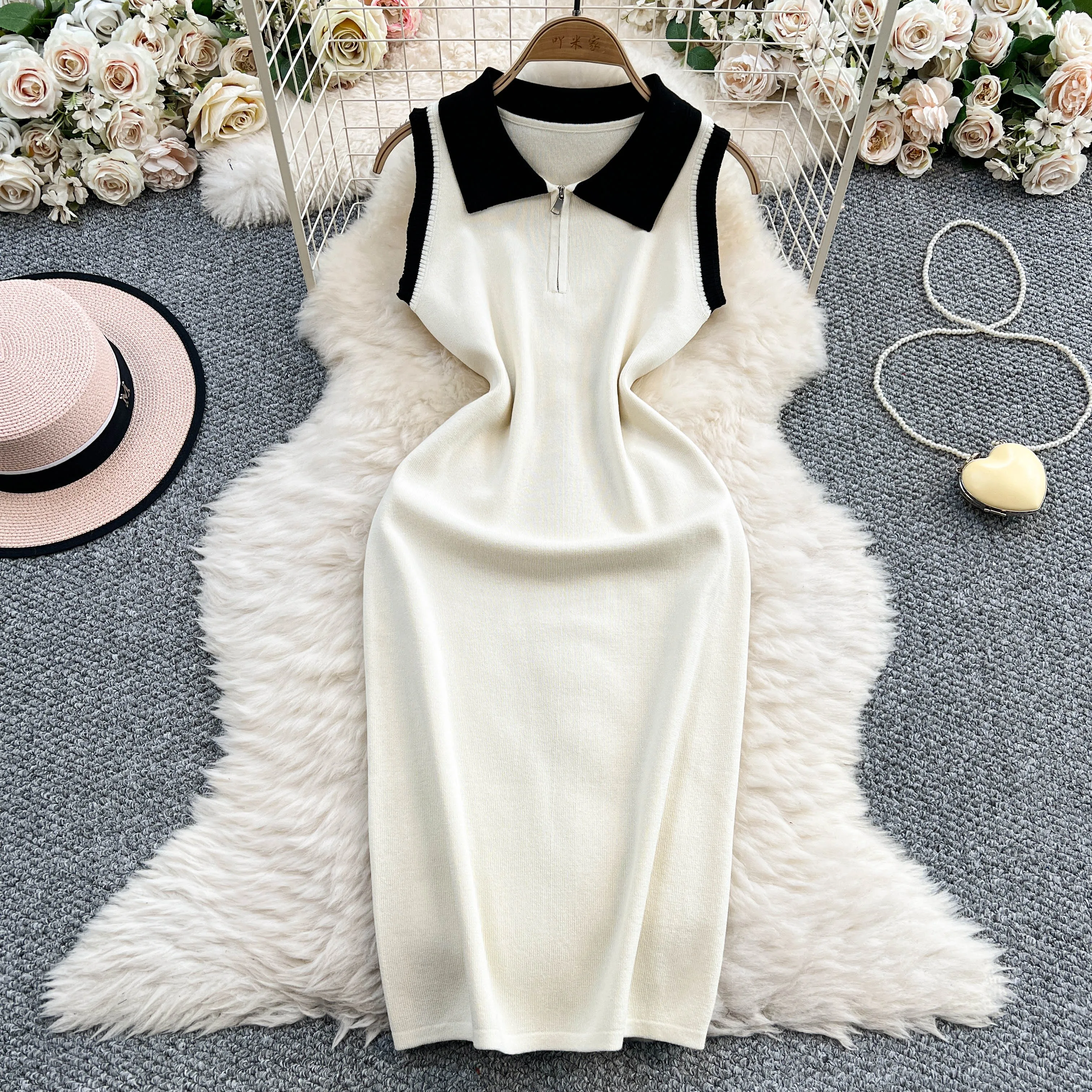 REALEFT Elegante Cerniera Lavorato A Maglia Delle Donne Wrap Abiti 2025 Nuova Estate Senza Maniche Polo Collare Solido Casual Tubino Vestito Dal Carro Armato Femminile