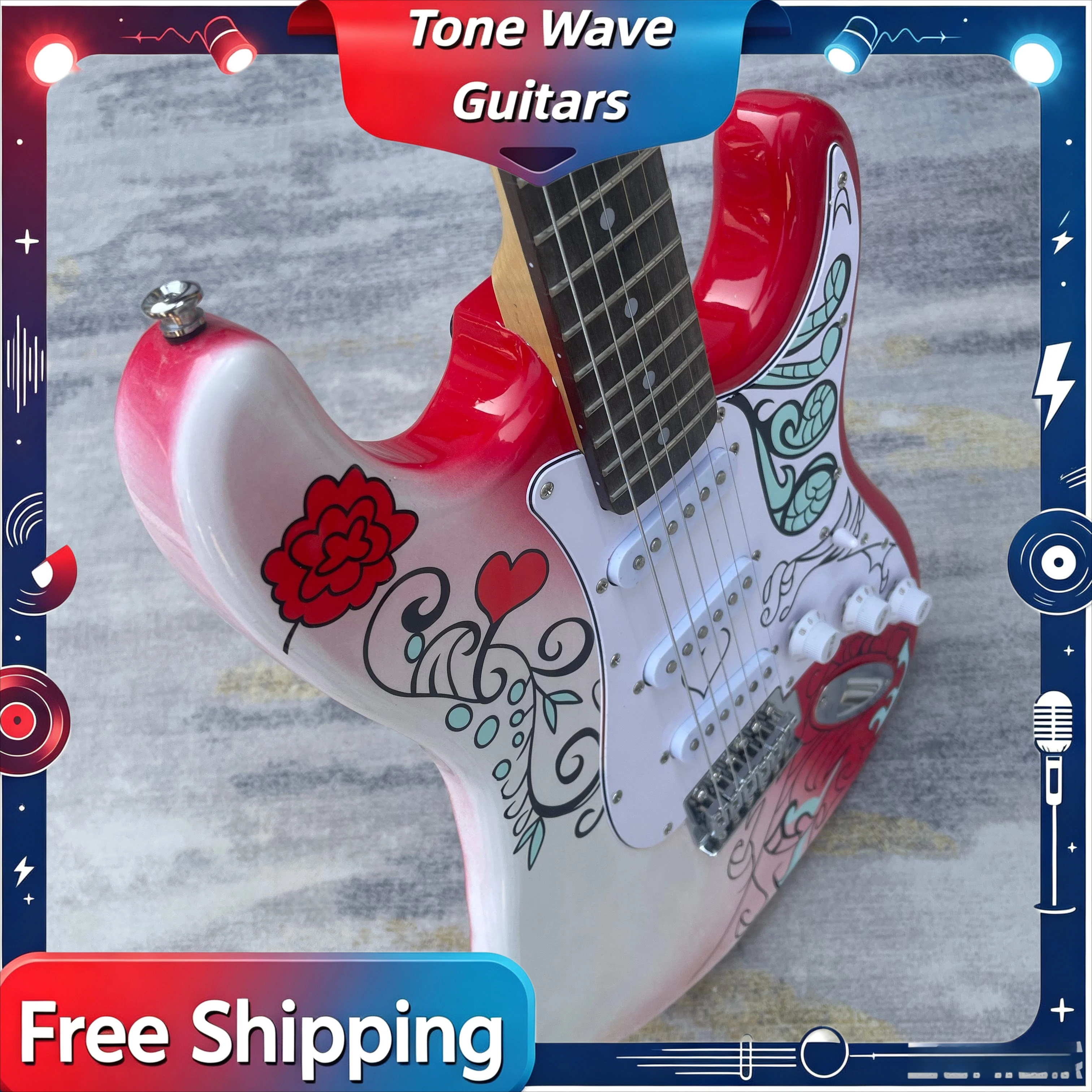 STRE Red and White Gradient Rose Love  Solid Wood Piano Body Rosewood Fingerboard Free Shipping
