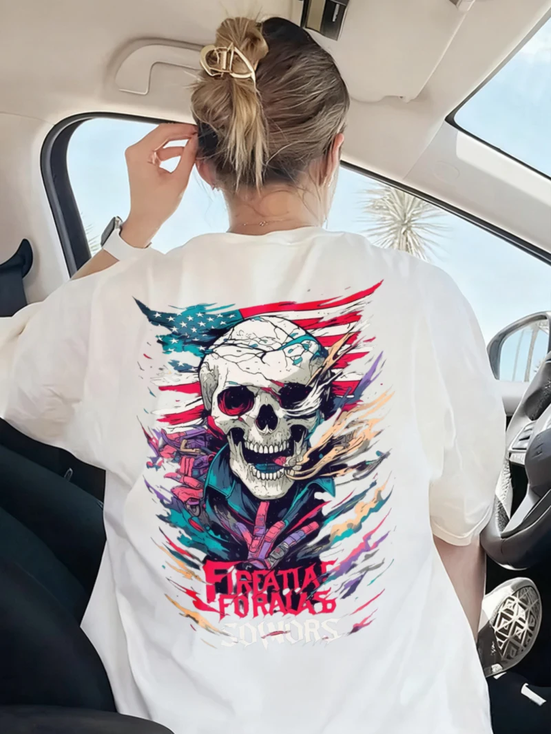 

Women's Short-sleeved T-shirt Round Collar Cotton Loose Print Skeleton American Flag Pattern Flower Spring and Summer Fashion