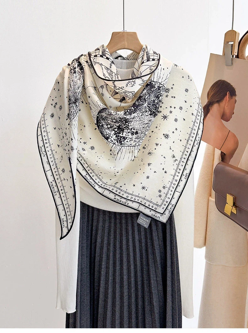 2027 Autumn and Winter Warm Scarf 30% Pure Natural Silk+70% Wool 130x130CM Single Sided Printing Shawl Square Scarf
