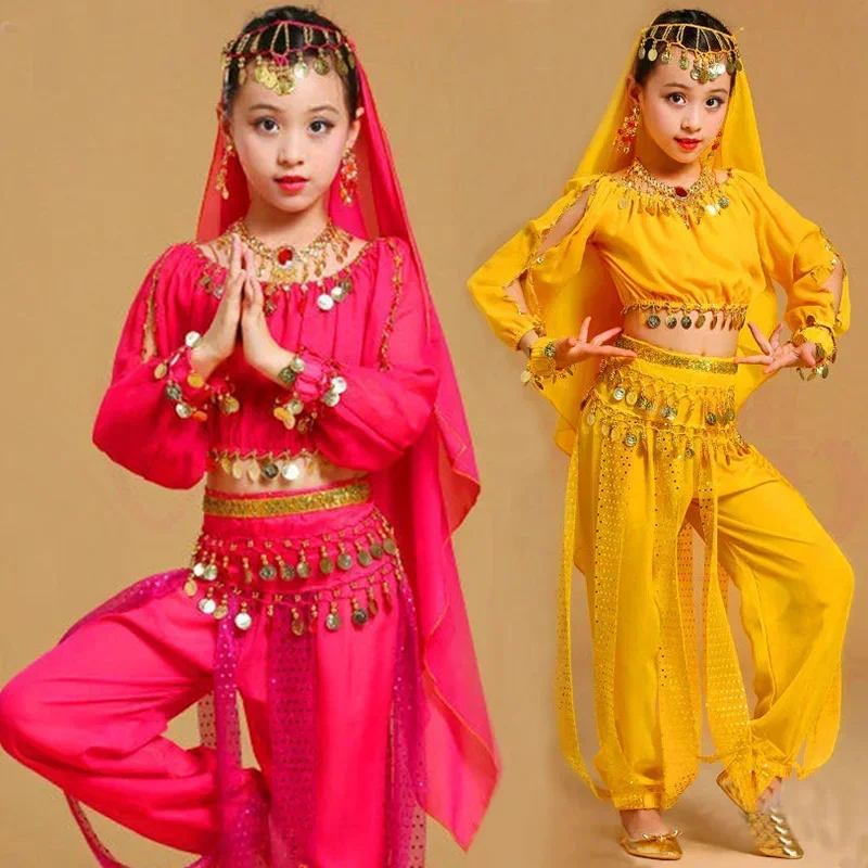 

Children Belly Dance Costumes for Girls Oriental Indian Stage Dancing Costumes Set 4PCS(Top Shirt+Head Scarf+Waist Chain+Pant)