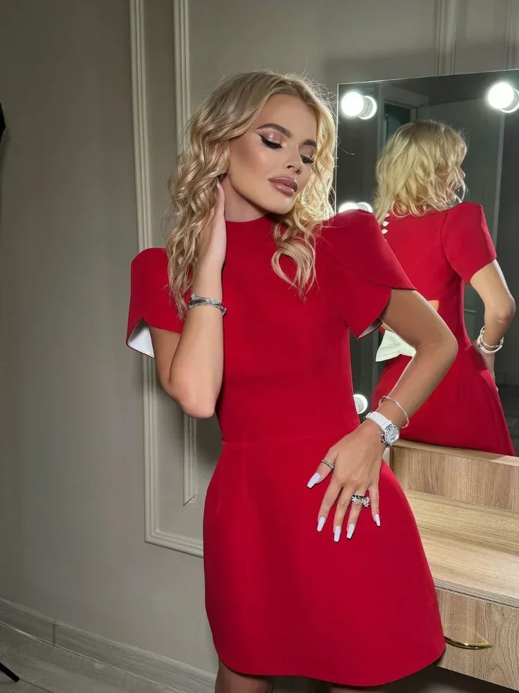 Elegant Hollow Out Bow Buttons Red Mini Dress Women Fashion Round Neck Short Sleeves Backless A-line Dresses Lady Party Gowns