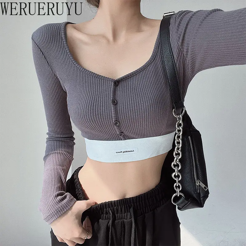 تي شيرت طويل الأكمام ملابس النساء Y2k الخريف الشتاء الكورية موضة بلون زر محبوك تي شيرت للمرأة 2024 #2