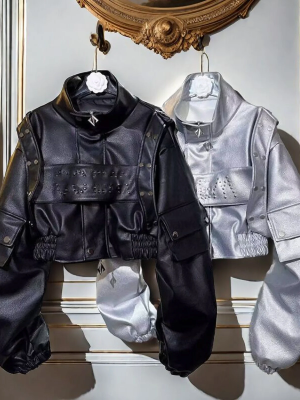 

Unique Design Faionable Rivet Multi-ket PU Leather Jaet Women's Spring New Loose Punk Sle Coat Zipper Splice ket