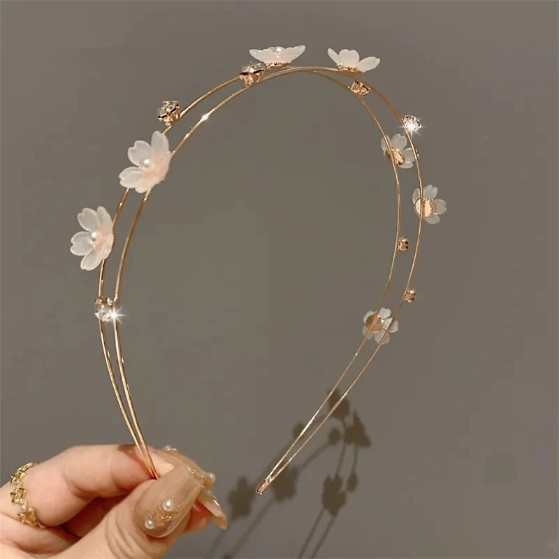 New Double Layer Metal Hairband Flower Pearl Headband for Women Headwear Shiny Rhinestone Hair Band Hoop Hair Accessories