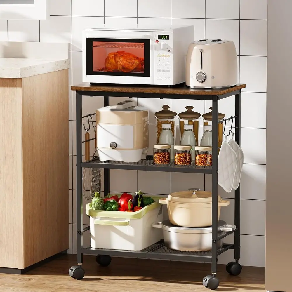 

Rolling Kitchen Cart 3 Tier, Microwave Kitchen Cart with Storage unction, Practical Roller Cart with 4 Locking Wheels or Kitchen